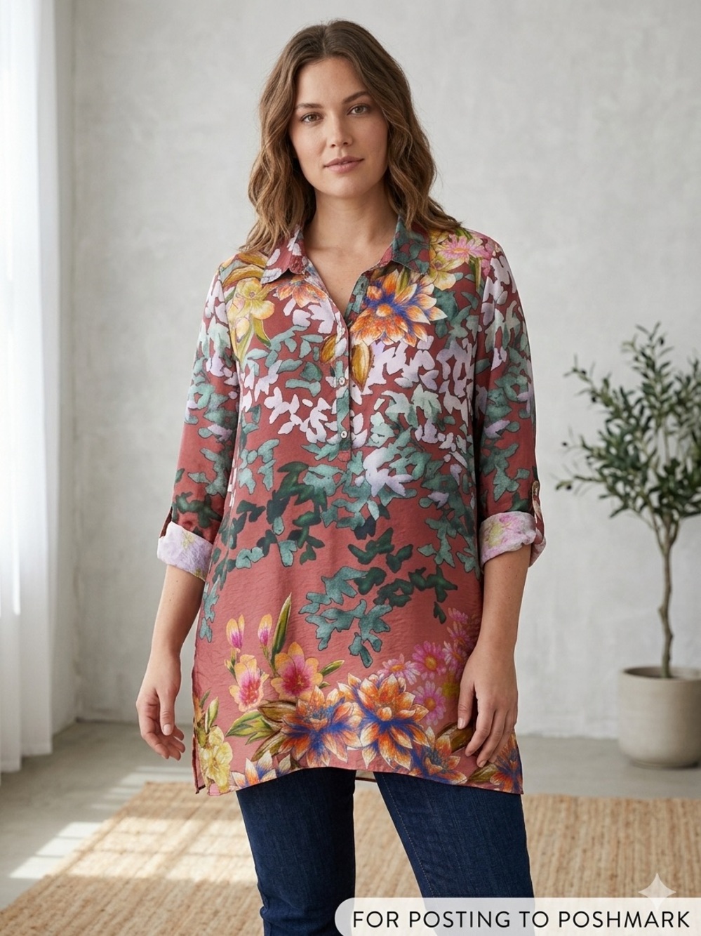 John Mark Floral Print Popover Tunic - Maroon/Multi - Seen on Sweet Magnolias